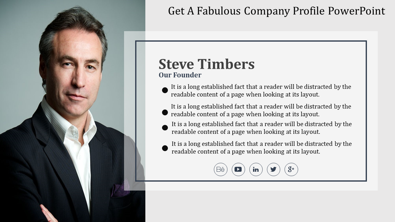 Company profile slide showcasing the founder, Steve Timbers, with a photo and a section of text with social media icons.