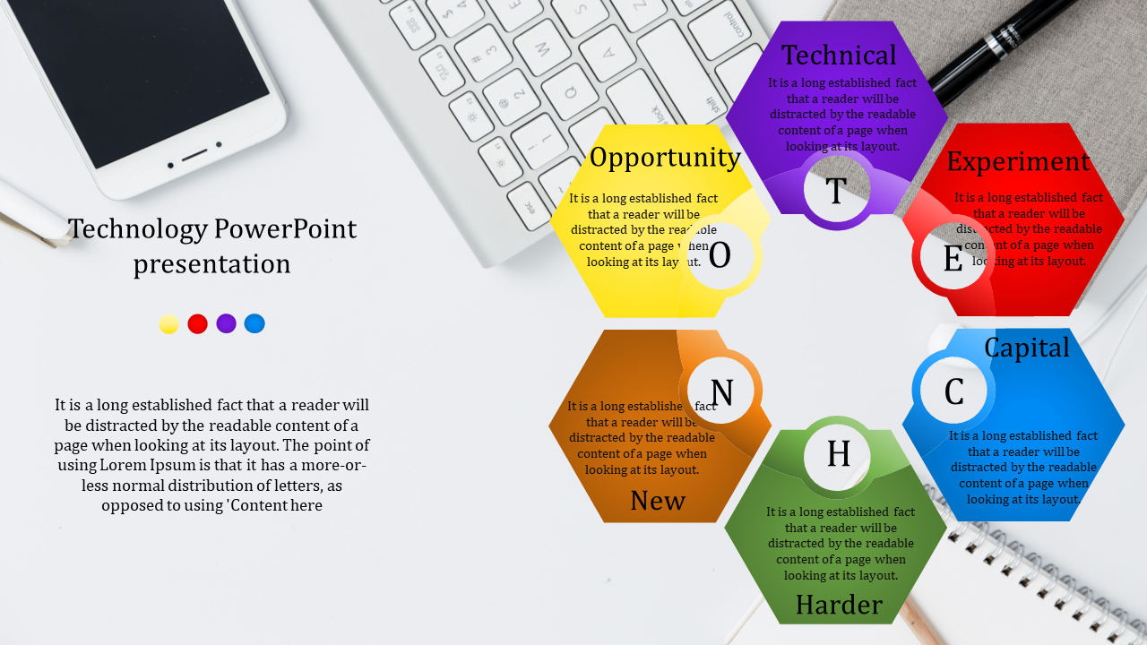 Technology-themed template featuring six hexagons with labels and text explanations, placed over a workspace background.