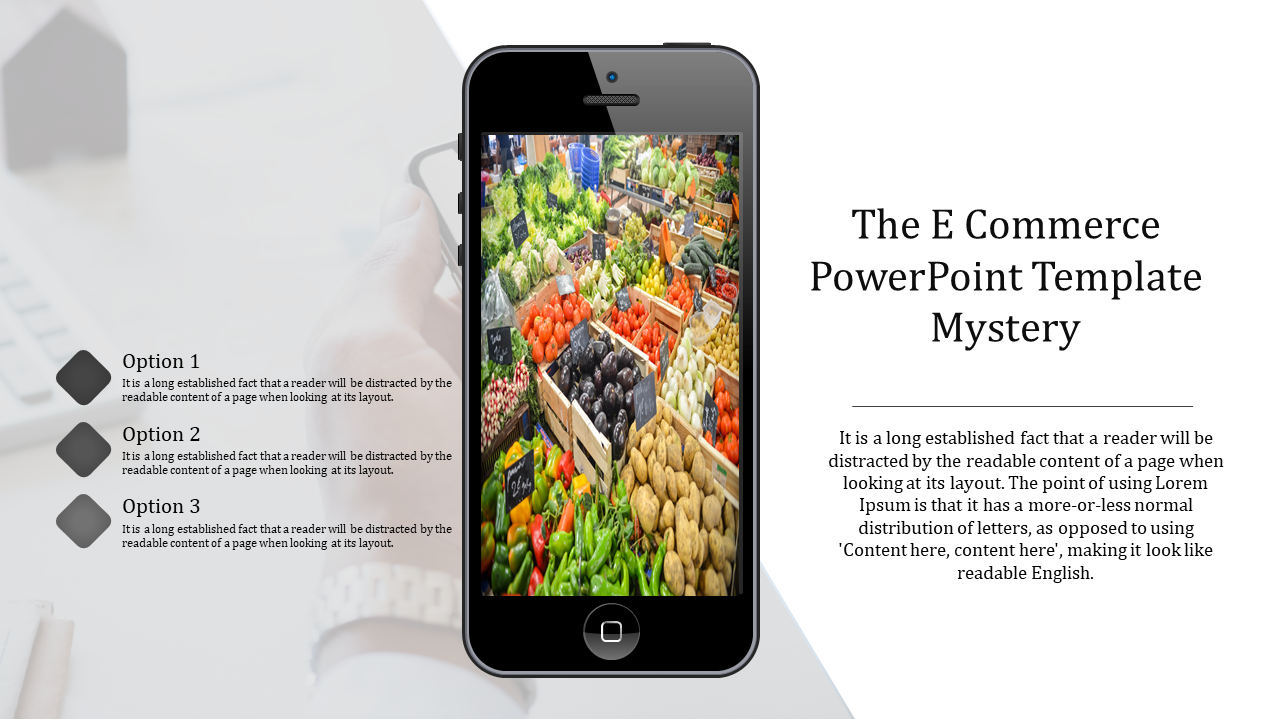 E commerce PowerPoint slide featuring a smartphone displaying fresh produce with options listed on the left.