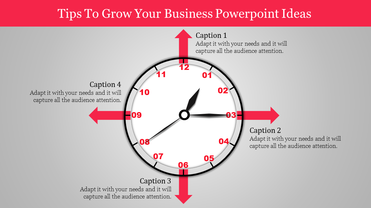 Business growth clock graphic featuring red directional arrows pointing at positions with captions around the clock.