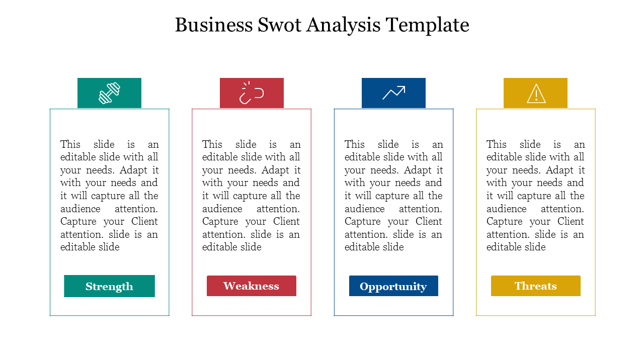 SWOT analysis diagram featuring green, red, blue, and yellow sections from strength to threats respectively.