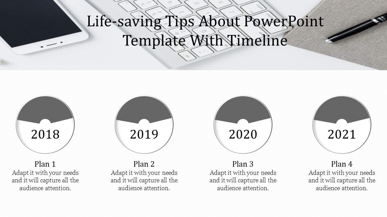 Horizontal timeline with four circular milestones labeled 2018, 2019, 2020, and 2021, representing yearly plans.