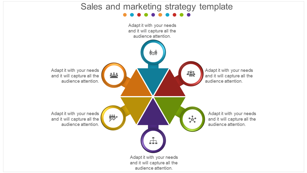 Slide featuring a central hexagon with six colorful segments, each linked to a circular icon with text areas.