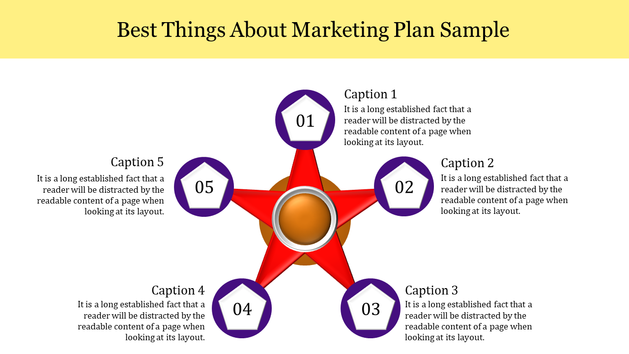 Marketing plan diagram with a red star at the center, five surrounding purple pentagons numbered 01 to 05, and caption areas.