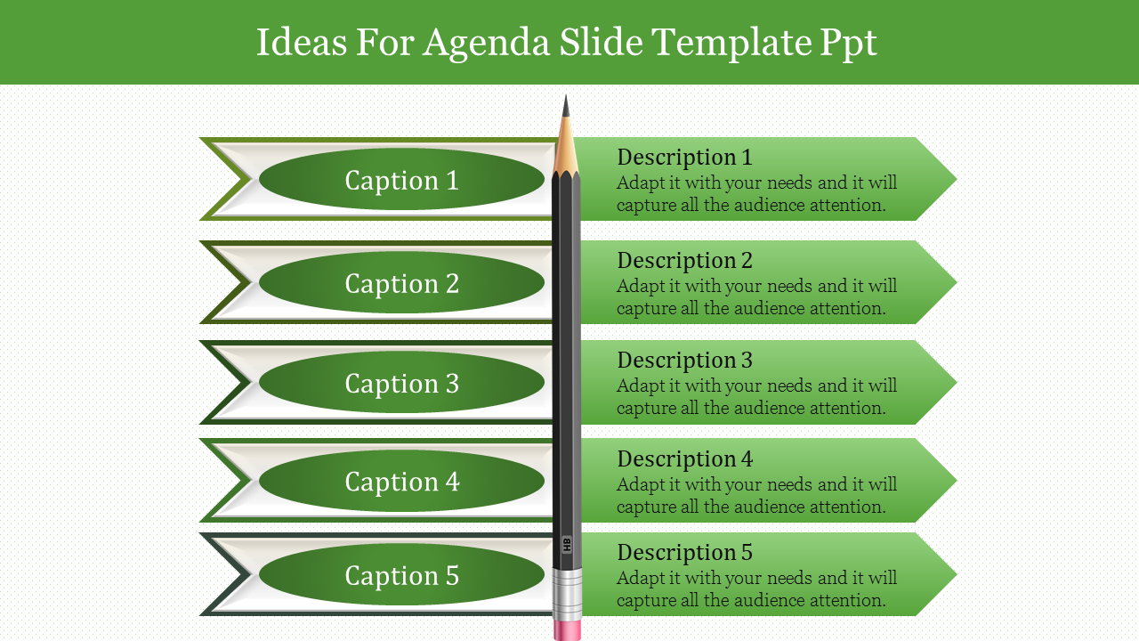 Agenda slide with five green ribbon banners labeled 1 to 5, alongside description arrows, and a pencil in the center.