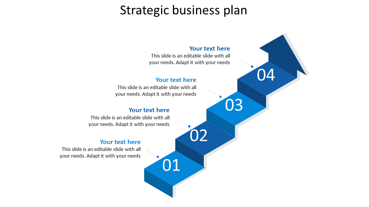 Strategic business plan PowerPoint template with four blue steps in an arrow model and text sections.