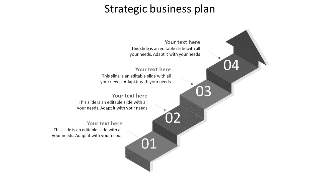 Step design with four gray blocks, numbered from 01 to 04, and captions for a strategic business plan.