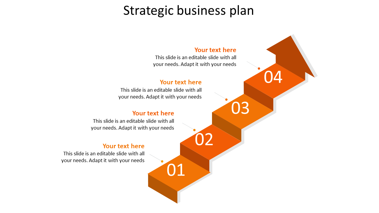 Strategic business plan PowerPoint template with four orange steps in an arrow model and text sections.