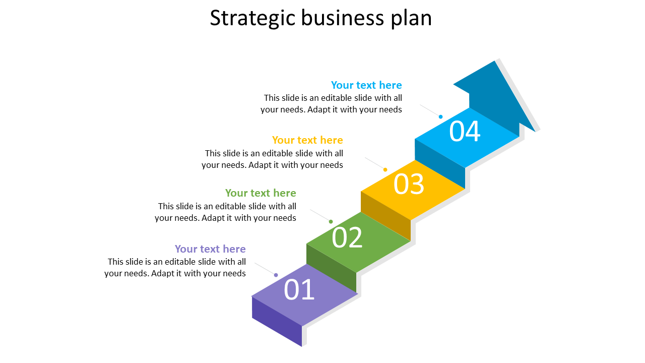 Slide layout featuring a multi step staircase in purple, green, yellow, and blue, numbered 01 to 04, and text areas beside.