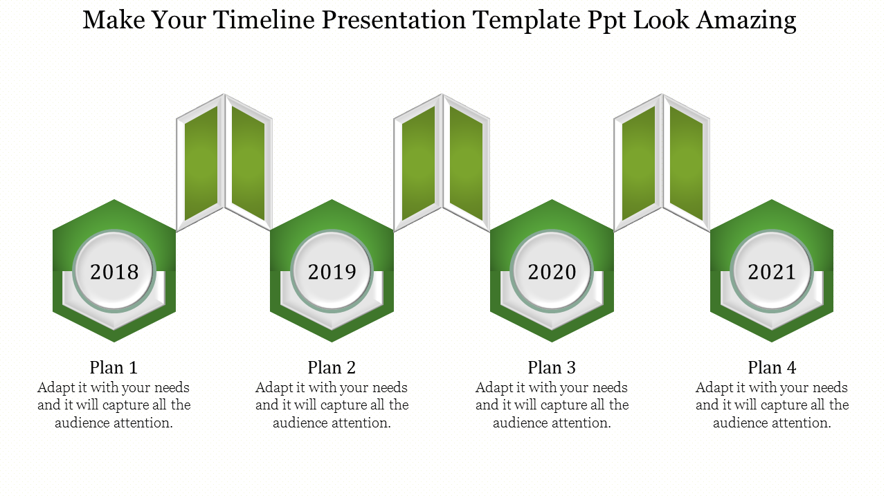 Timeline slide featuring four green hexagonal sections for years 2018 to 2021, with vertical banners above each step.