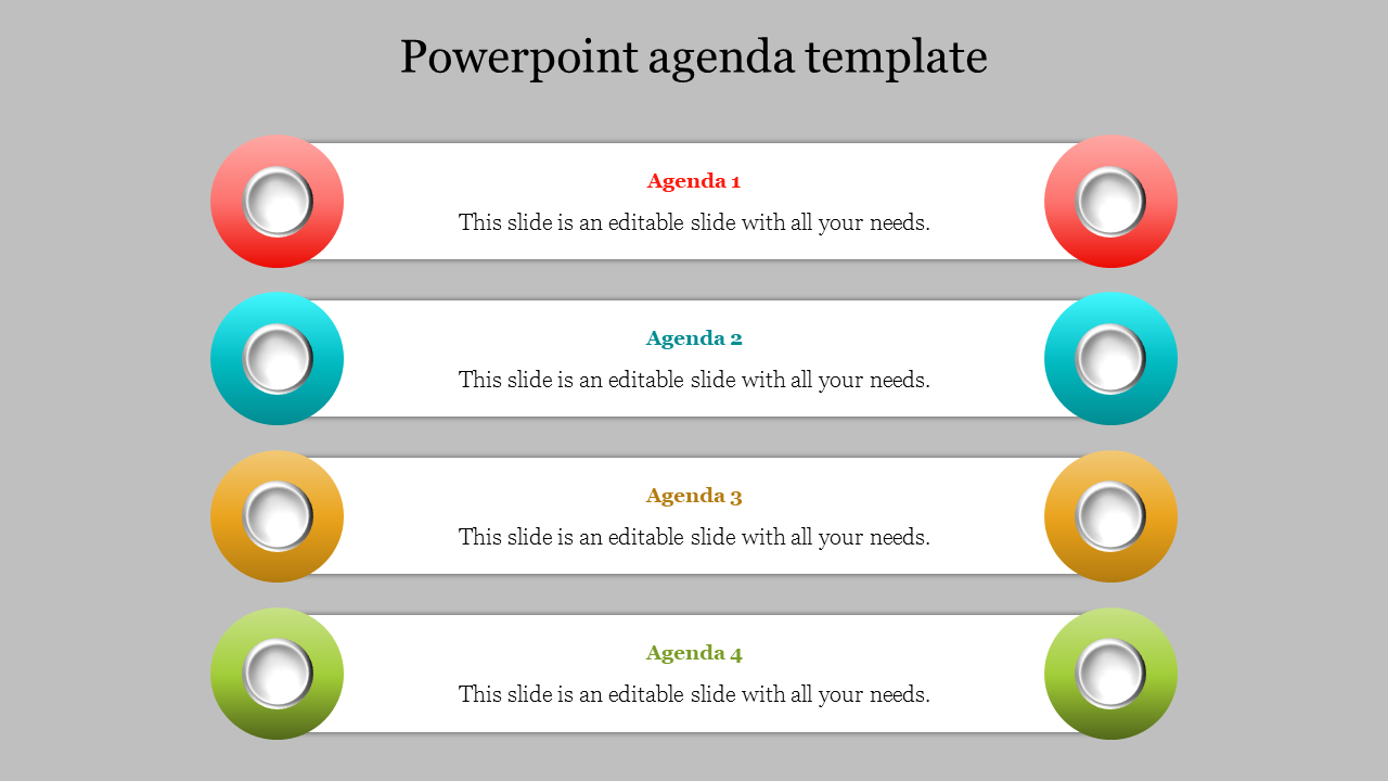 Slide with four horizontal bars with a colored circle at the ends in red, teal, orange, and green, each with text.