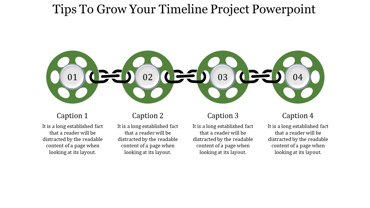 A PowerPoint slide showing a timeline project with four linked circles and captions describing each phase.