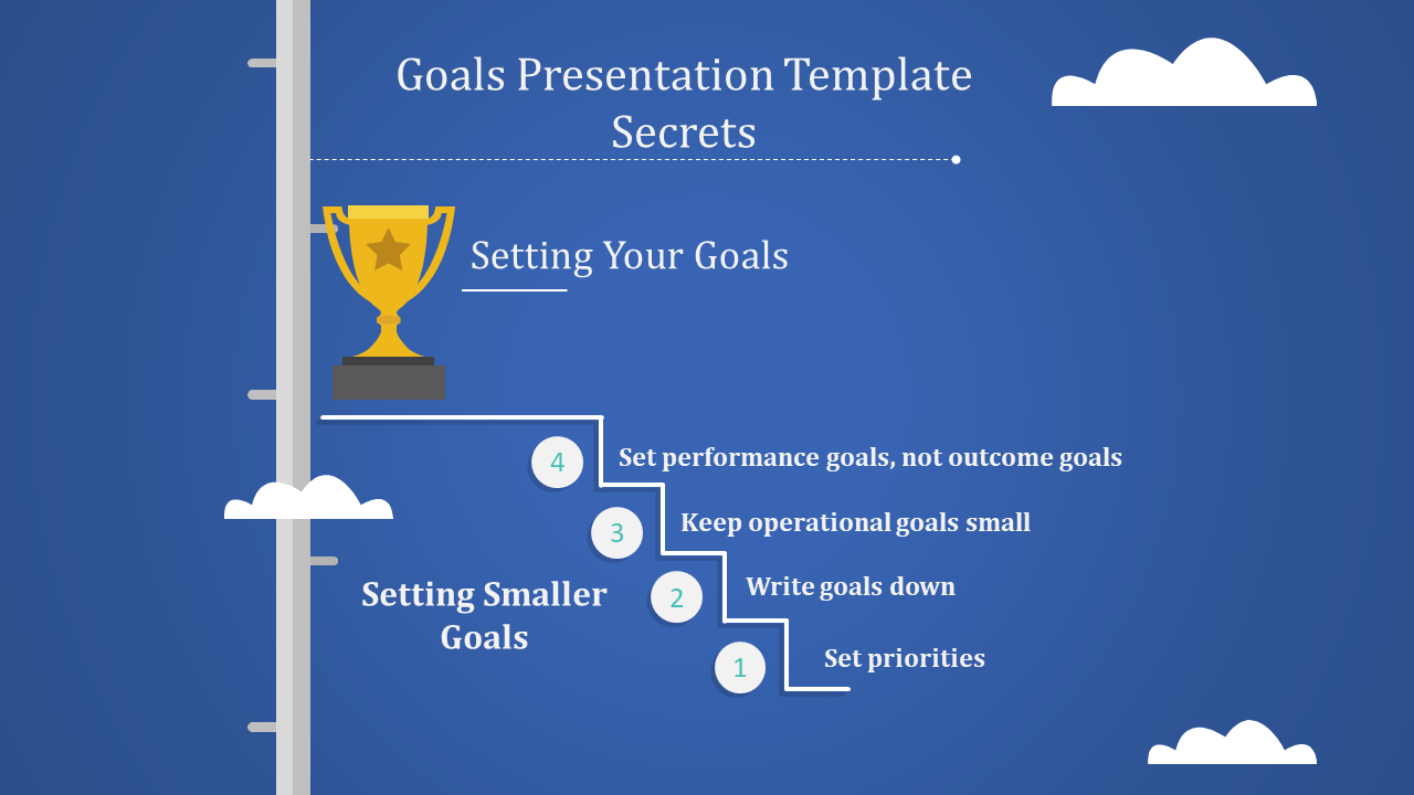 Goals presentation slide featuring a trophy and staircase design illustrates steps for setting goals on a blue background.