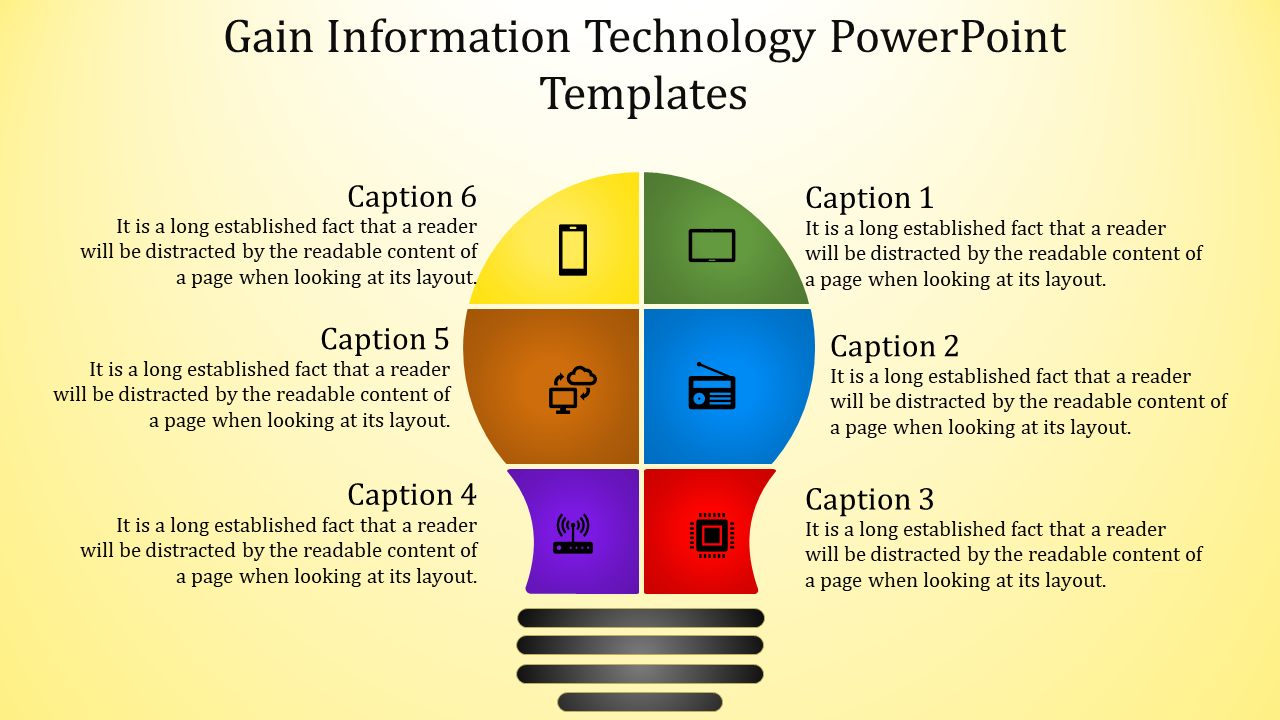 Lightbulb shaped infographic divided into six colorful sections with icons and captions on a yellow background.