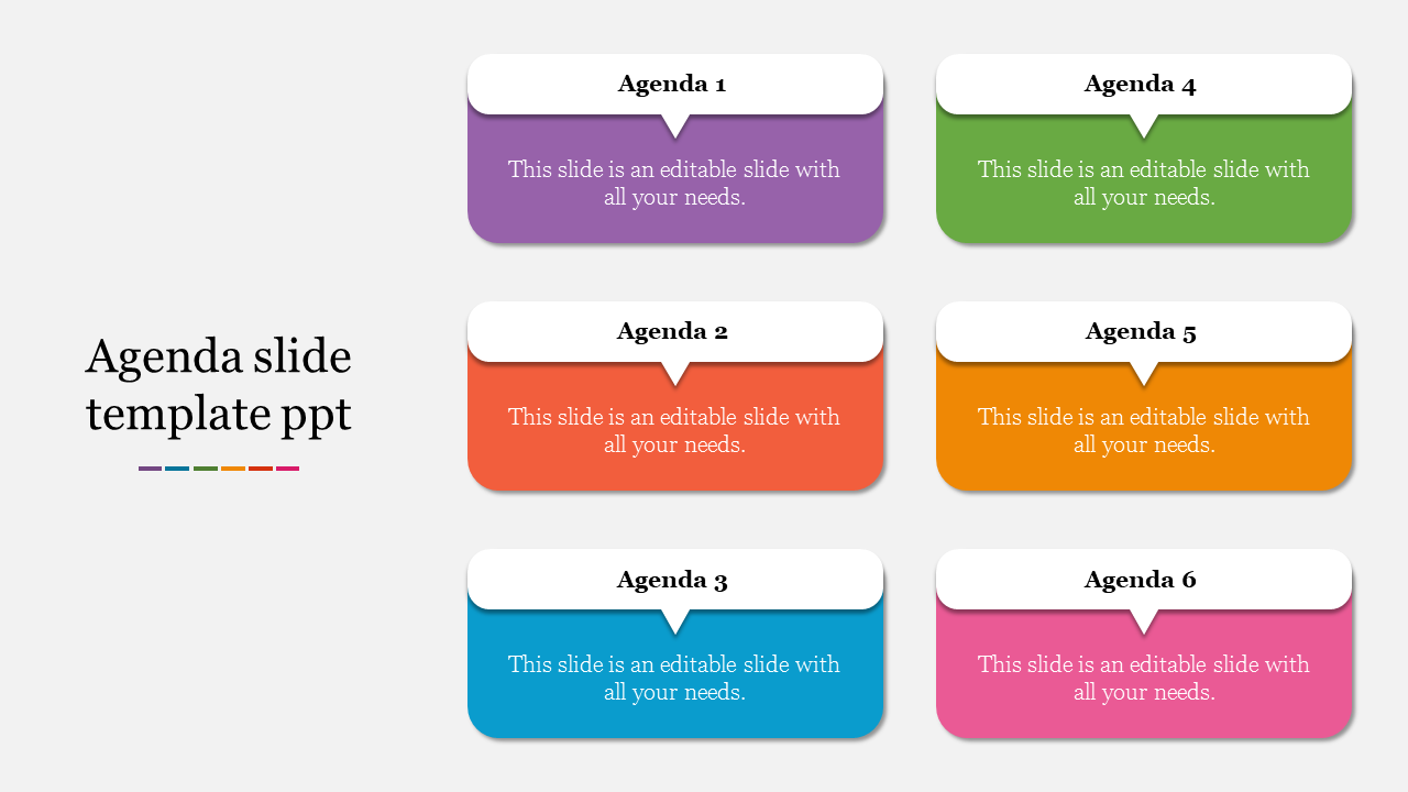 Agenda slide with six colorful agenda items, each in a different color box with placeholder text.