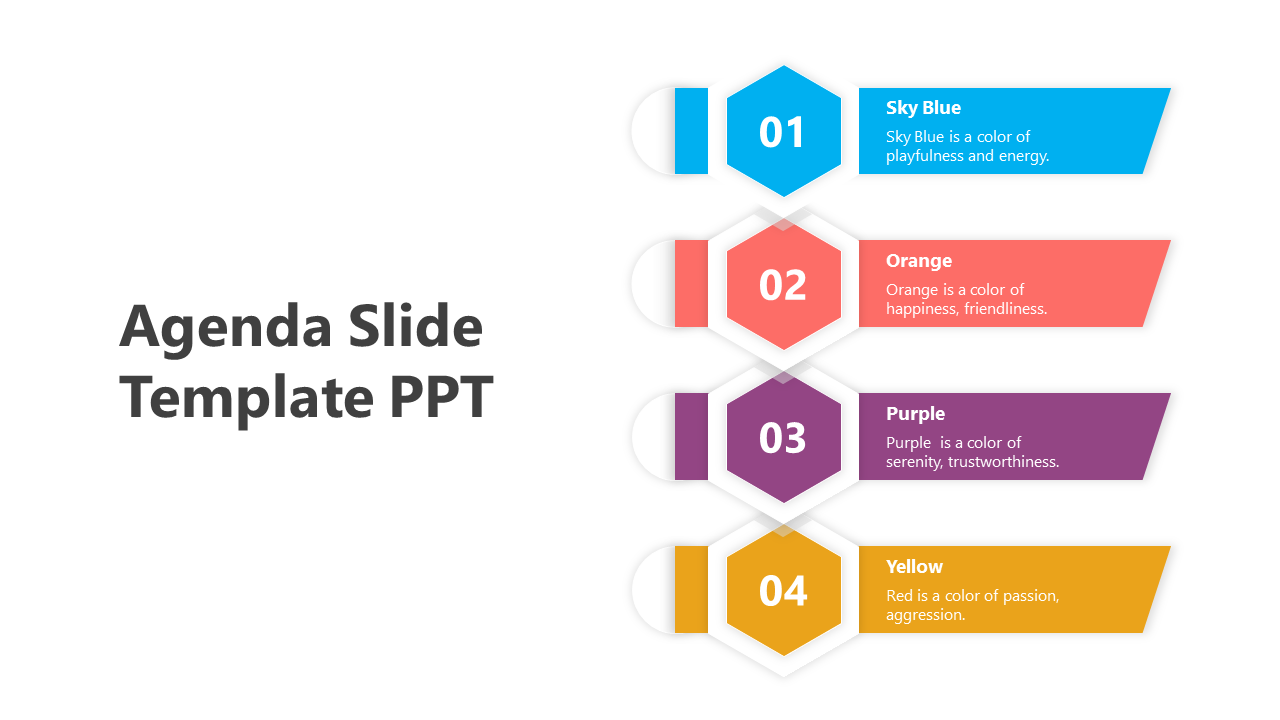 Agenda slide with four numbered sections in sky blue, orange, purple, and yellow, each with descriptions.