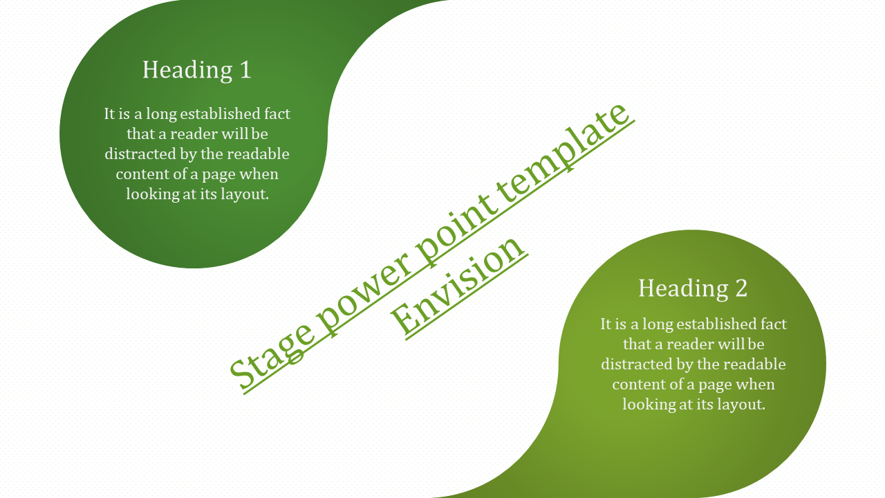 Template with stage featuring green circular areas for headings and content, with diagonal green placeholders text areas.