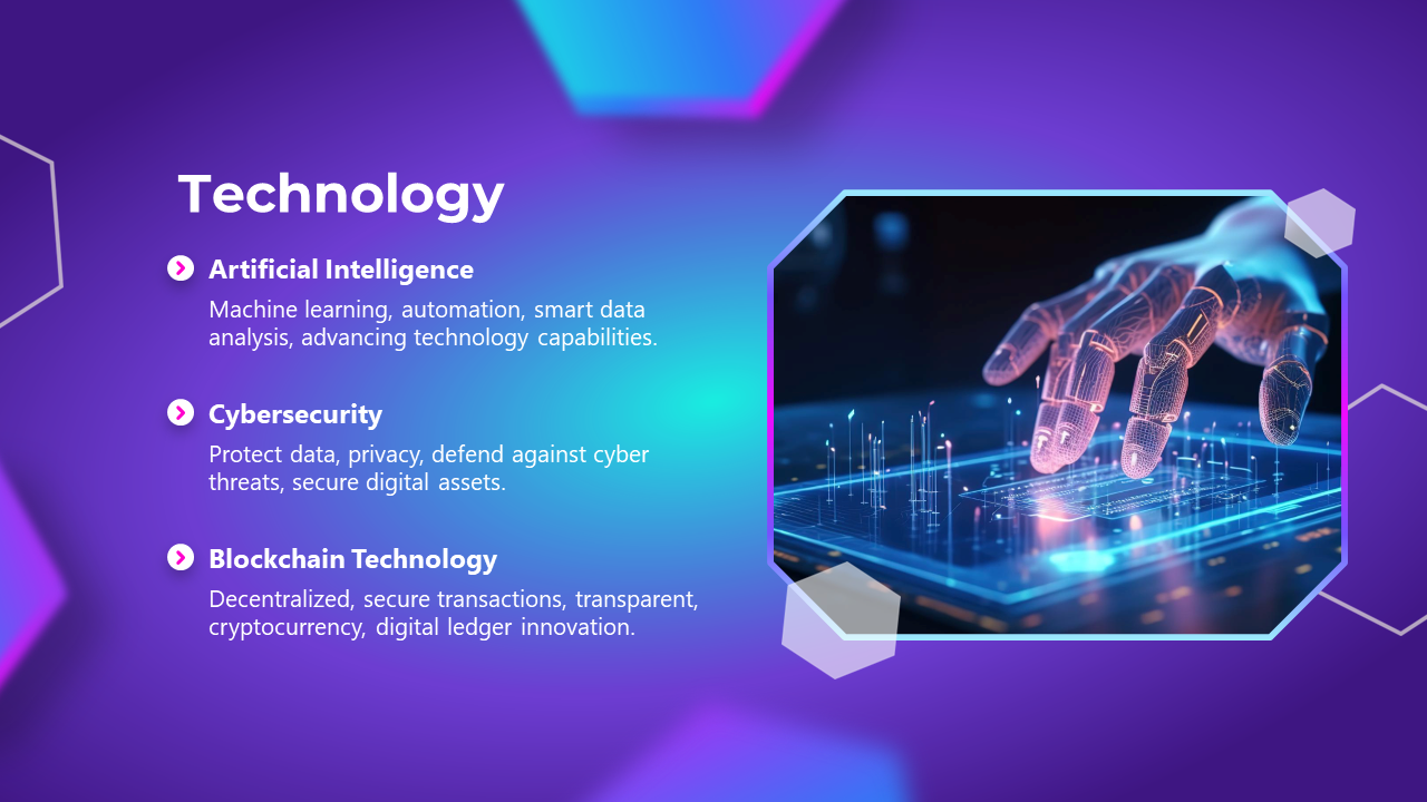 Hexagonal layout with a robotic hand on a digital interface and three text areas on a purple gradient background.