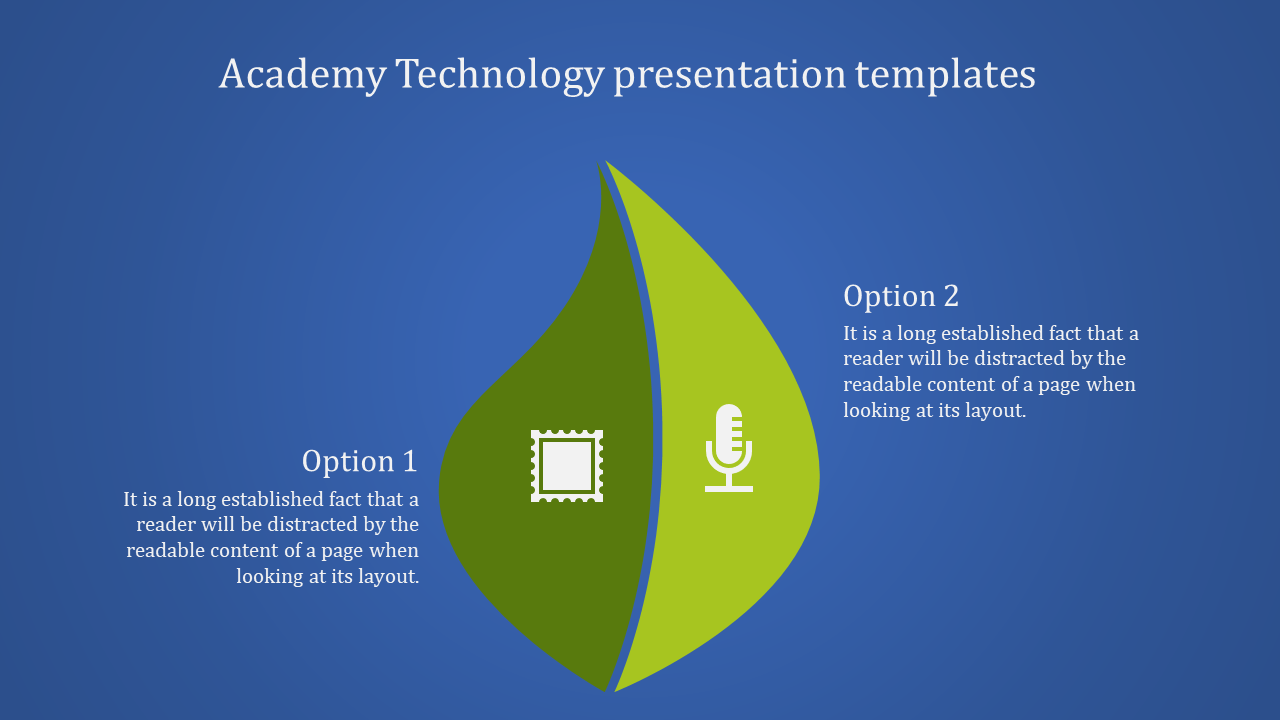 Academy-themed presentation template with split leaf design, icons, and text options placed in a white background.