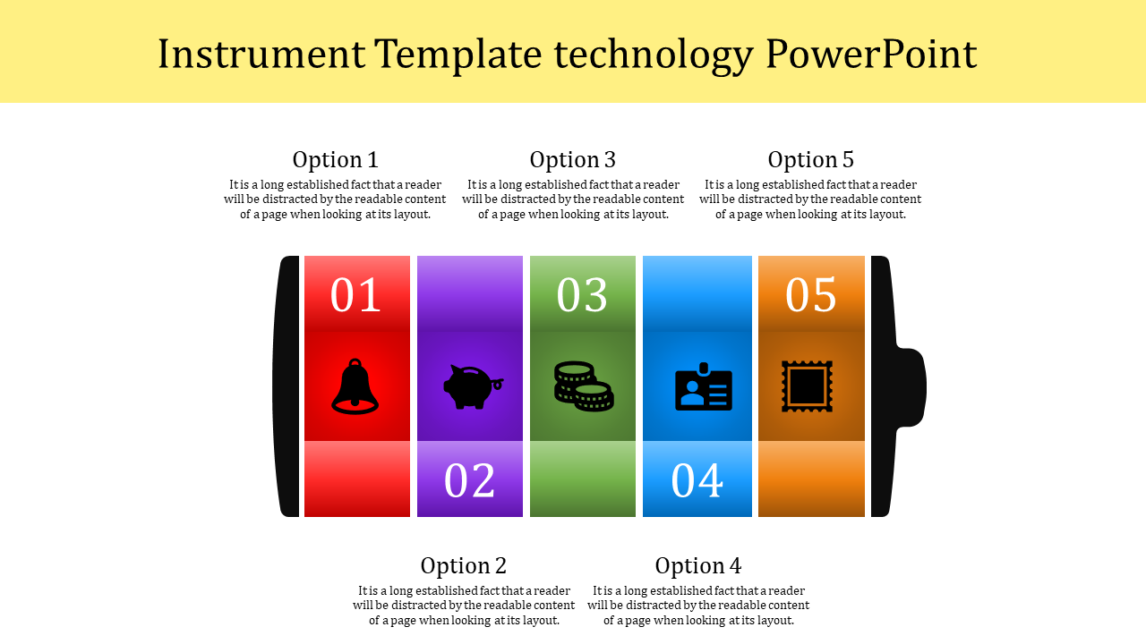 Technology PPT slide displayed a colorful battery with numbered sections showing various icons and placeholder text.