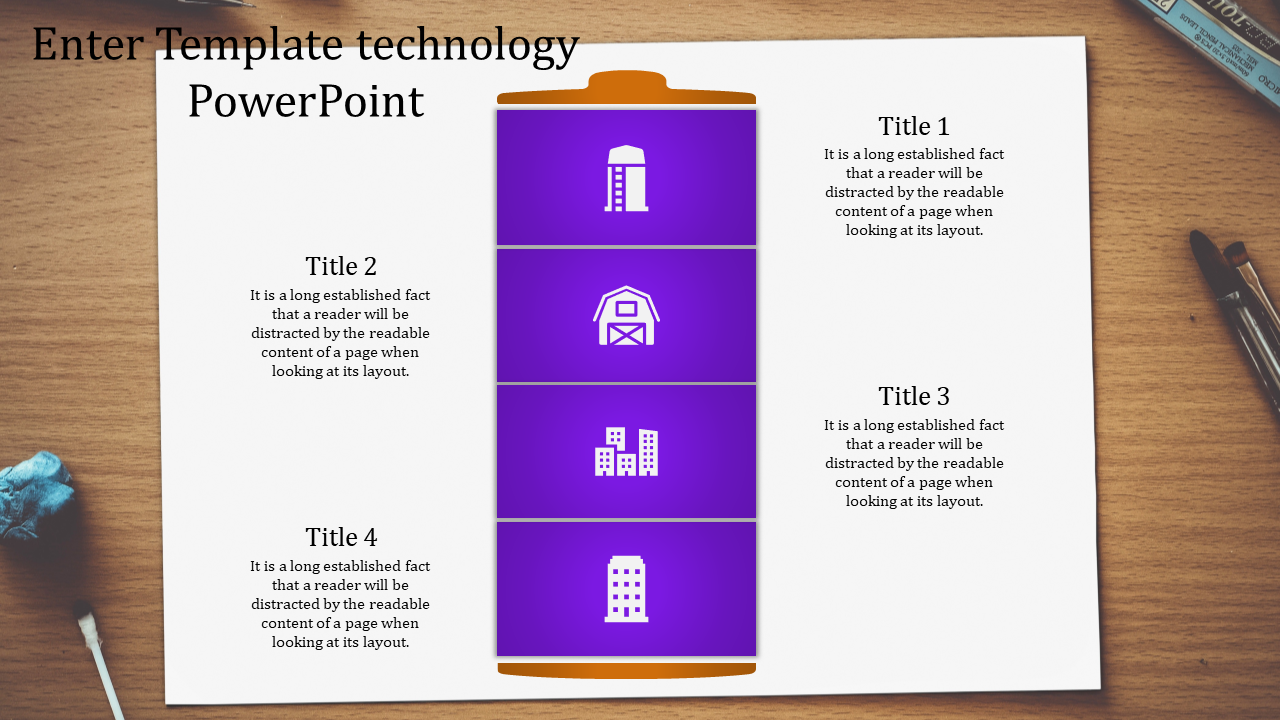 Technology PowerPoint template featuring a battery graphic with four sections and descriptive text for each title.