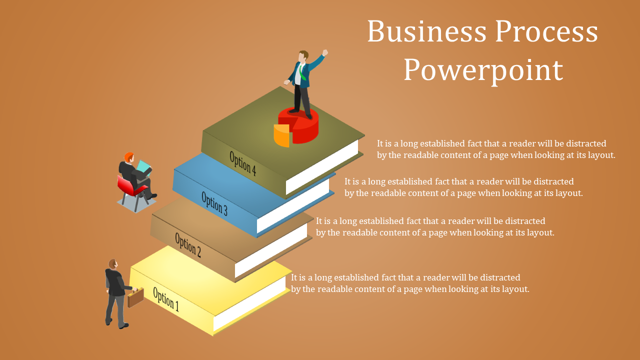 Business process slide featuring four 3D stack of books illustrating steps and actions in a brown gradient background.