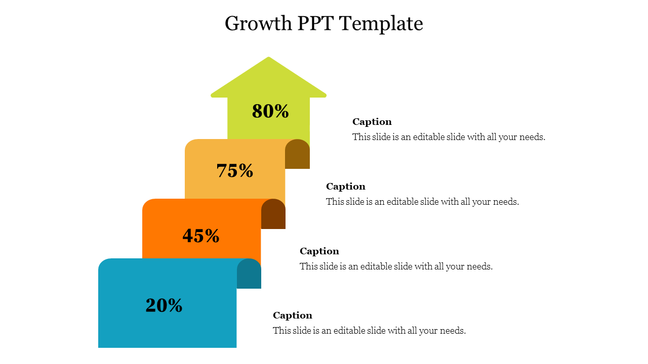 Slide showcasing growth concept with ascending percentages on four colorful staircase blocks ending in an upward arrow.