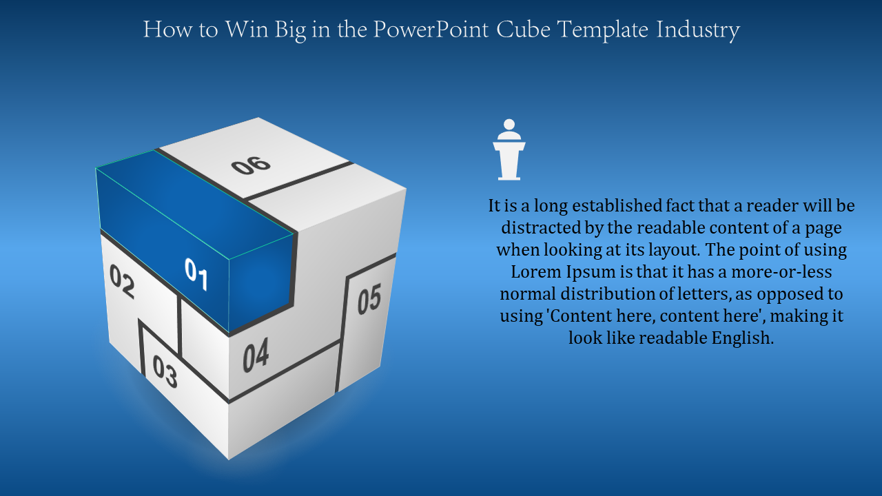 Illustrated cube graphic with six numbered parts, displayed on a blue background with placeholder text areas on the side.