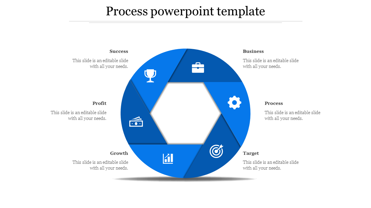 Hexagon centered infographic illustrating business growth stages with six blue process segments in circlar layout and icons.