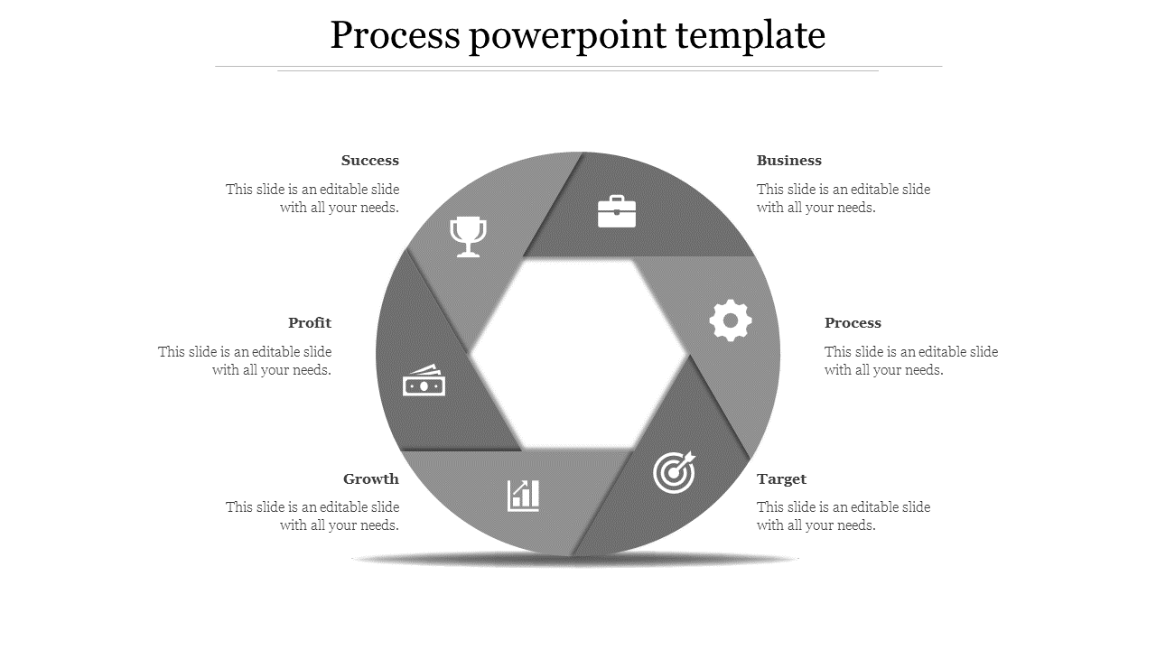 Hexagonal process template with surrounding icons, each linked to business-related concepts like profit, growth, and target.