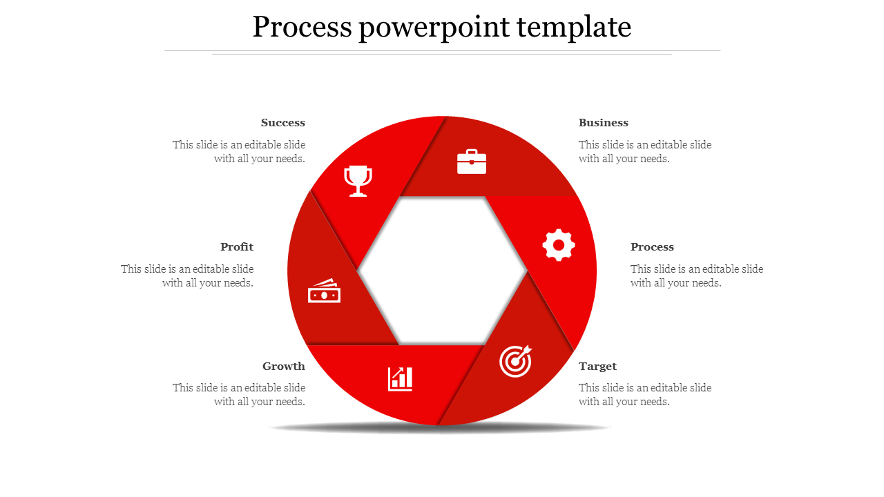 Circular red process diagram divided into six parts, each with white icons and placeholder text areas for stages.