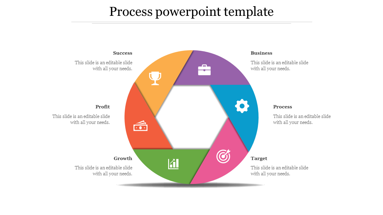 Colorful process PowerPoint template with sections from Success to business each with icons and placeholder text.