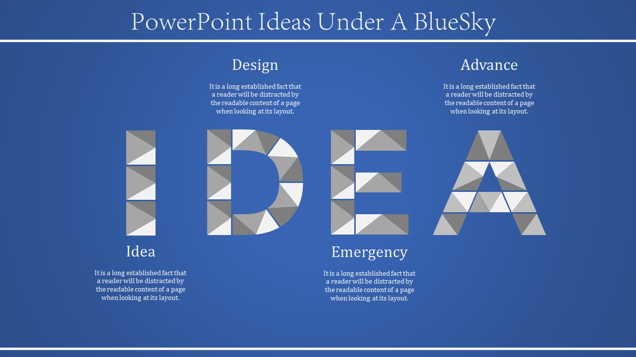 Creative slide design displaying idea in geometric typography, with descriptive sections on a blue theme.