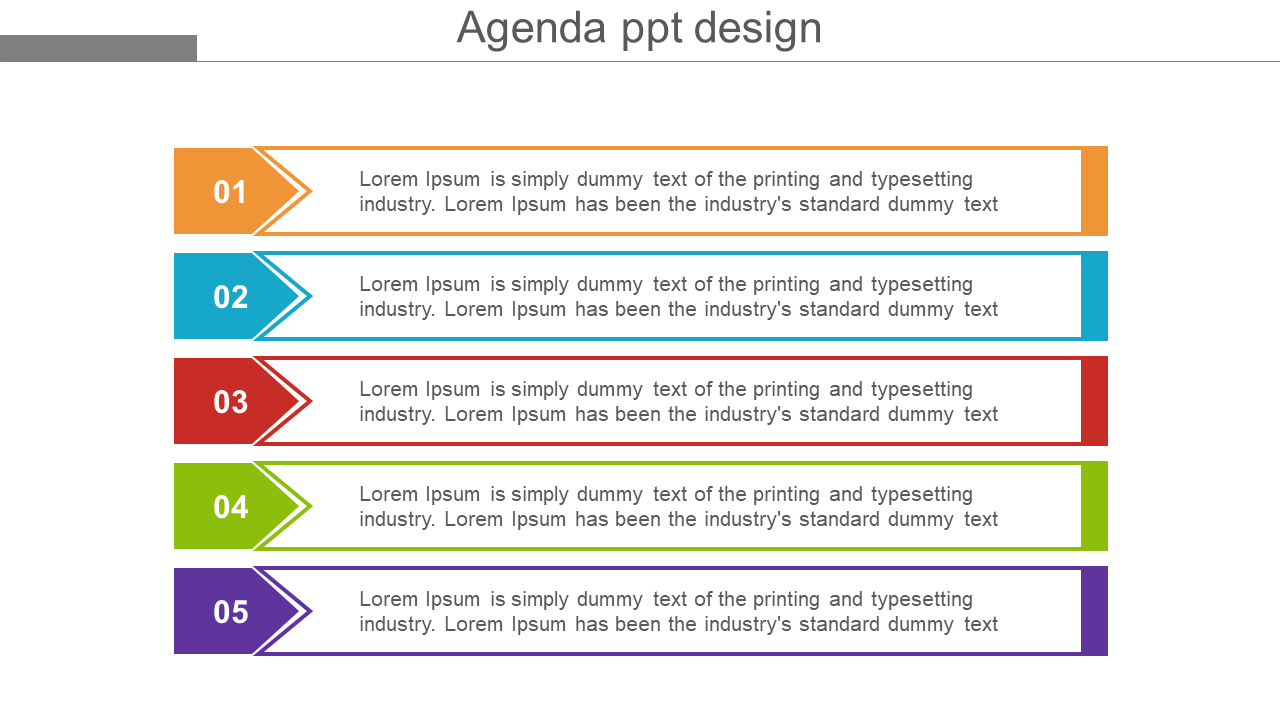 PowerPoint slide showcasing a colorful agenda design with five sections labeled from 1 to 5.