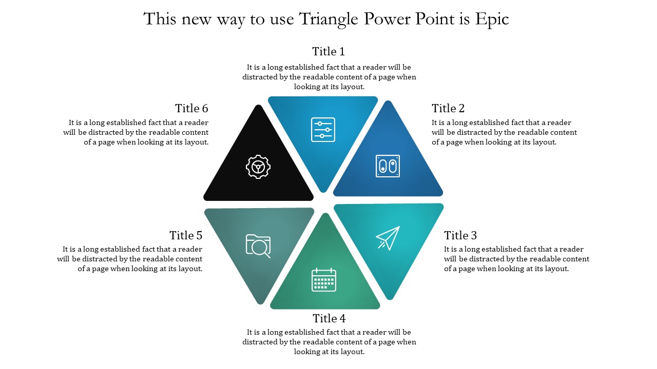 PowerPoint template with six triangular sections, each containing an icon and a detailed title and description.