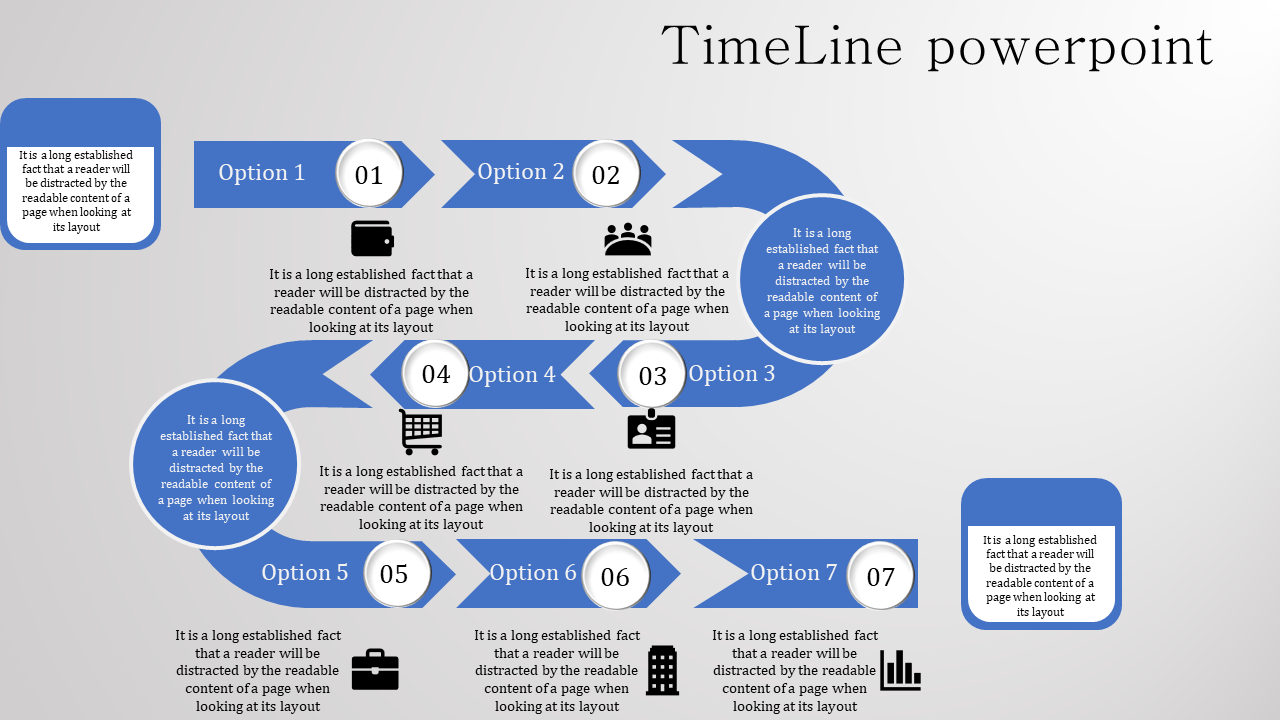 Colorful timeline PowerPoint template featuring seven options with corresponding icons.