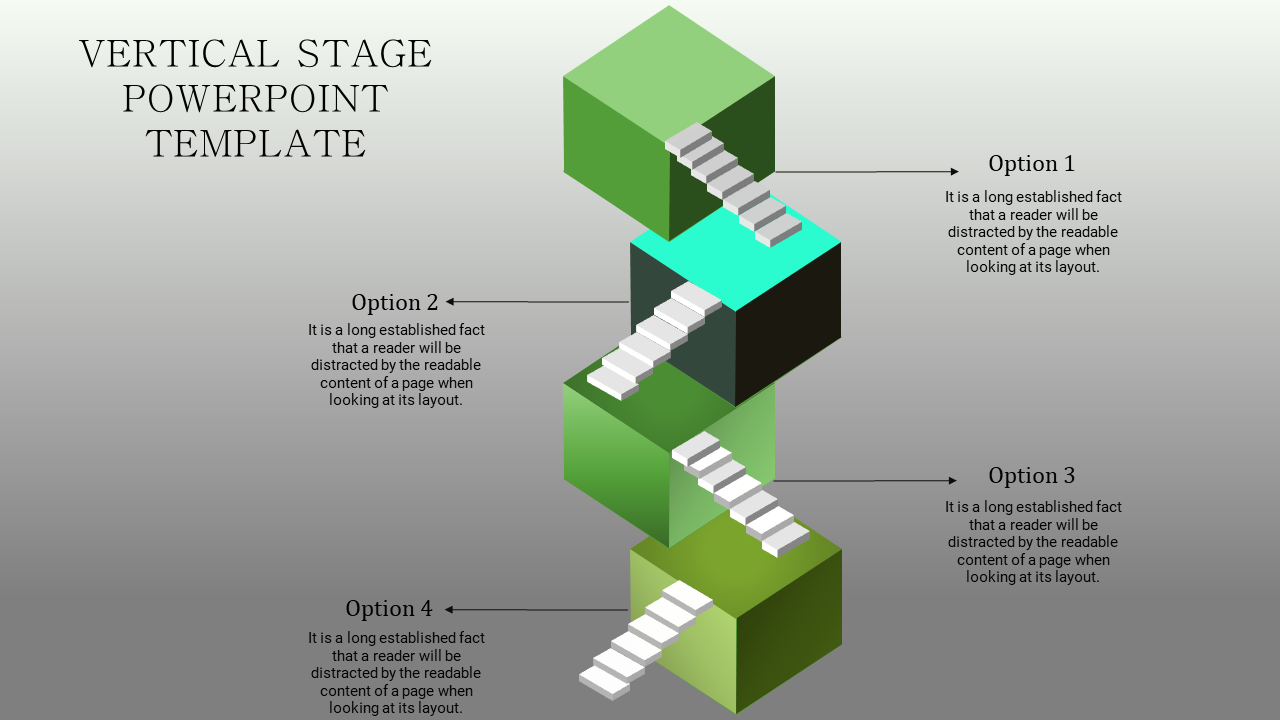 Vertical stage template with four stacked green cubes connected by stairs, and captions, on a gradient gray background.