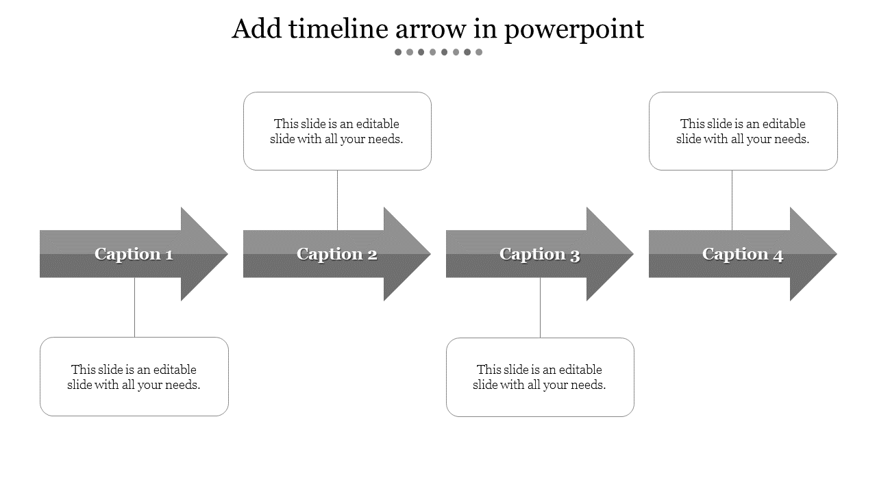 Gray timeline arrow PPT template with four labeled steps and captions with placeholder text on a white backdrop.