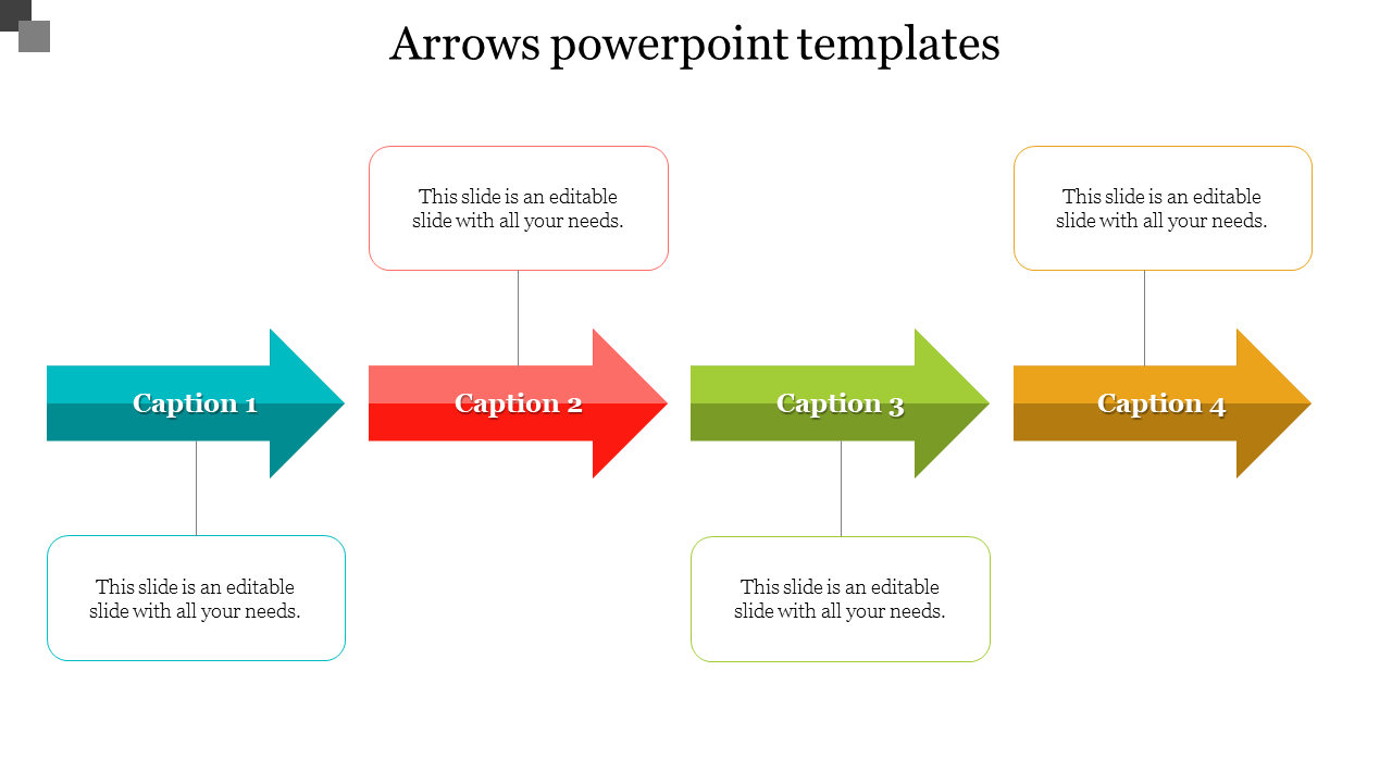 A PowerPoint template featuring four arrows in different colors, each with a caption below.