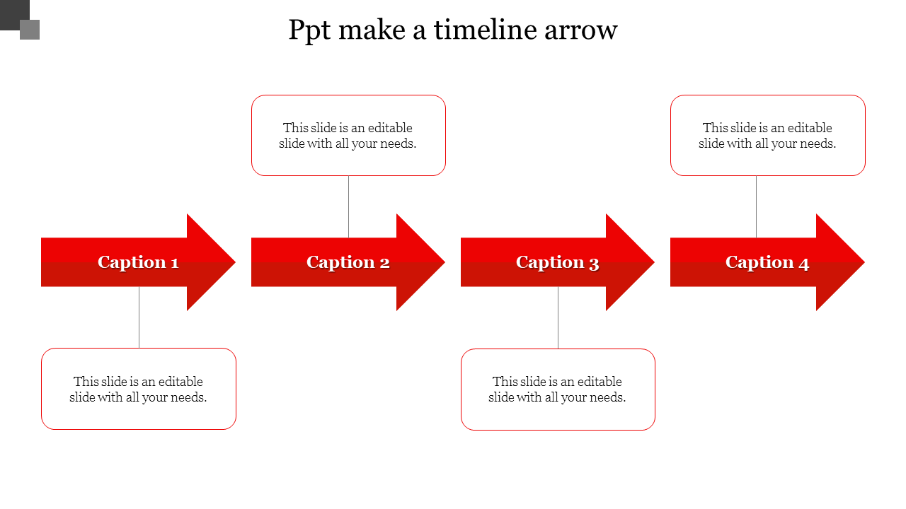 Red timeline arrow PPT template with four labeled steps and captions with placeholder text on a white backdrop.