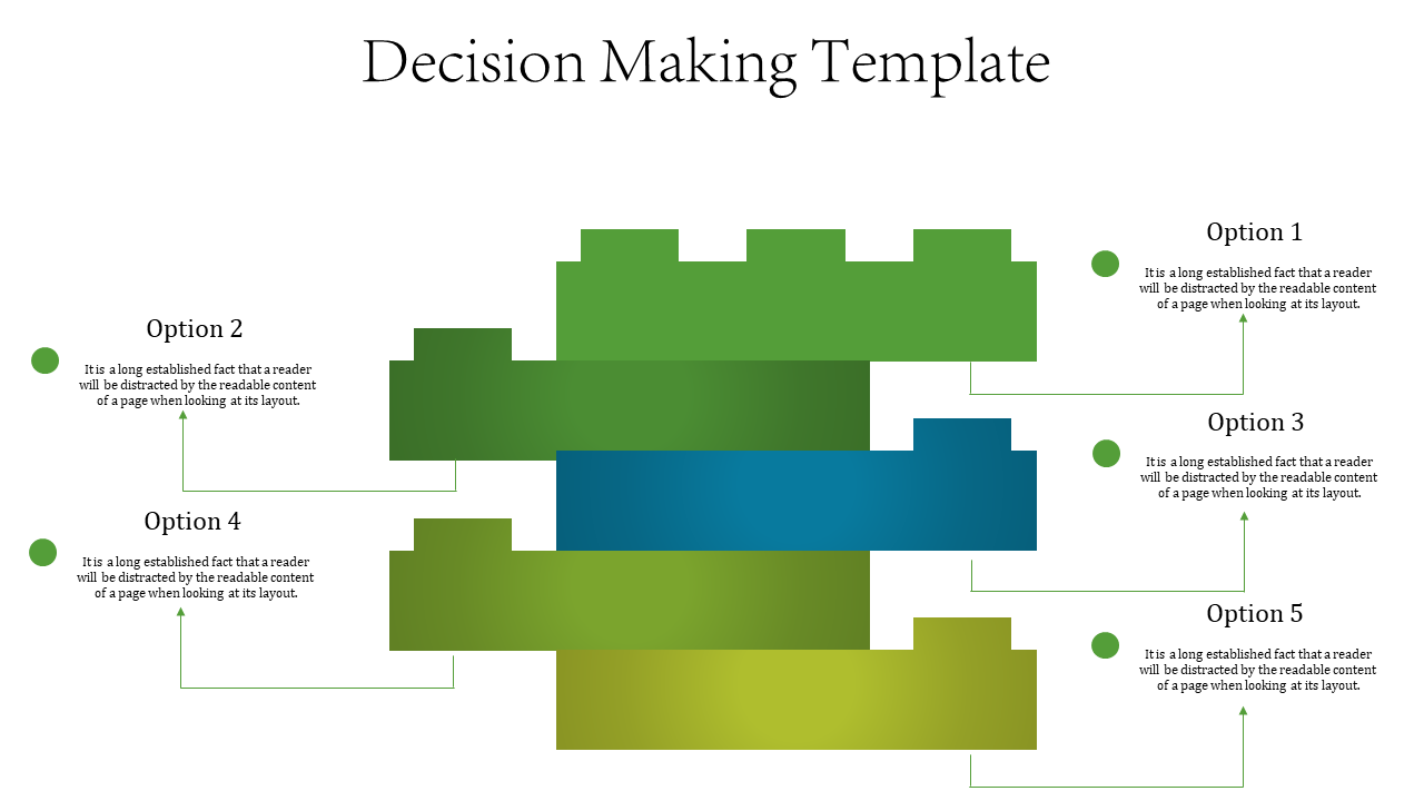 Stacked, gradient blocks in green and blue with connected text options on both sides, labeled 1 to 5.