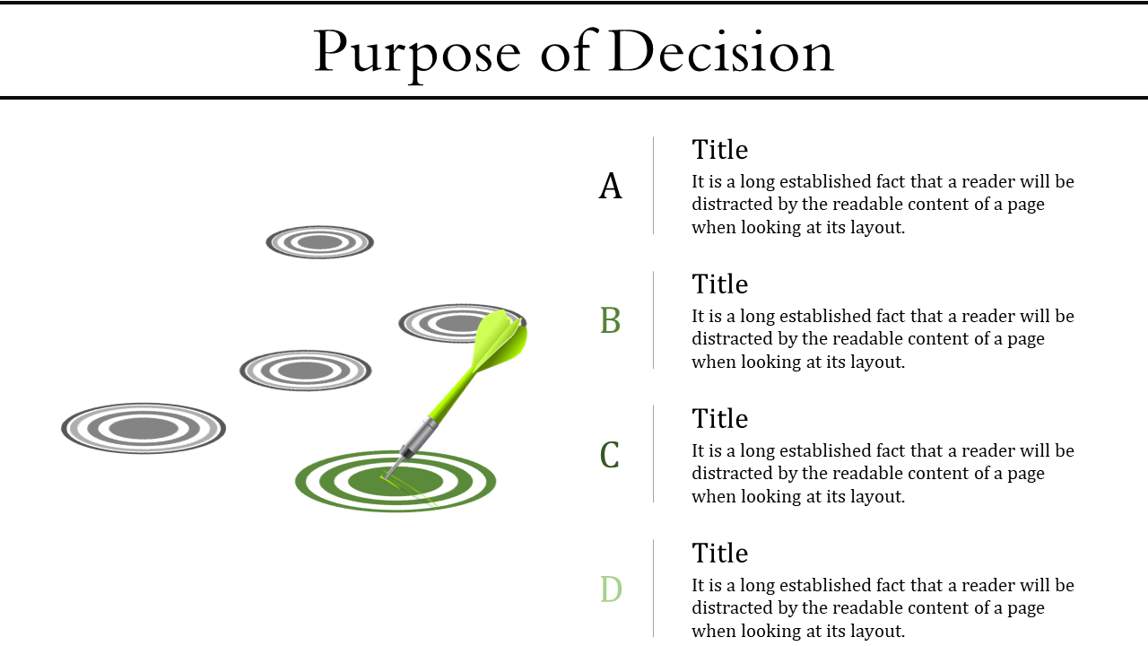 Purpose of Decision slide with sections A to D, each paired with descriptive text, and a dart hitting a green target.