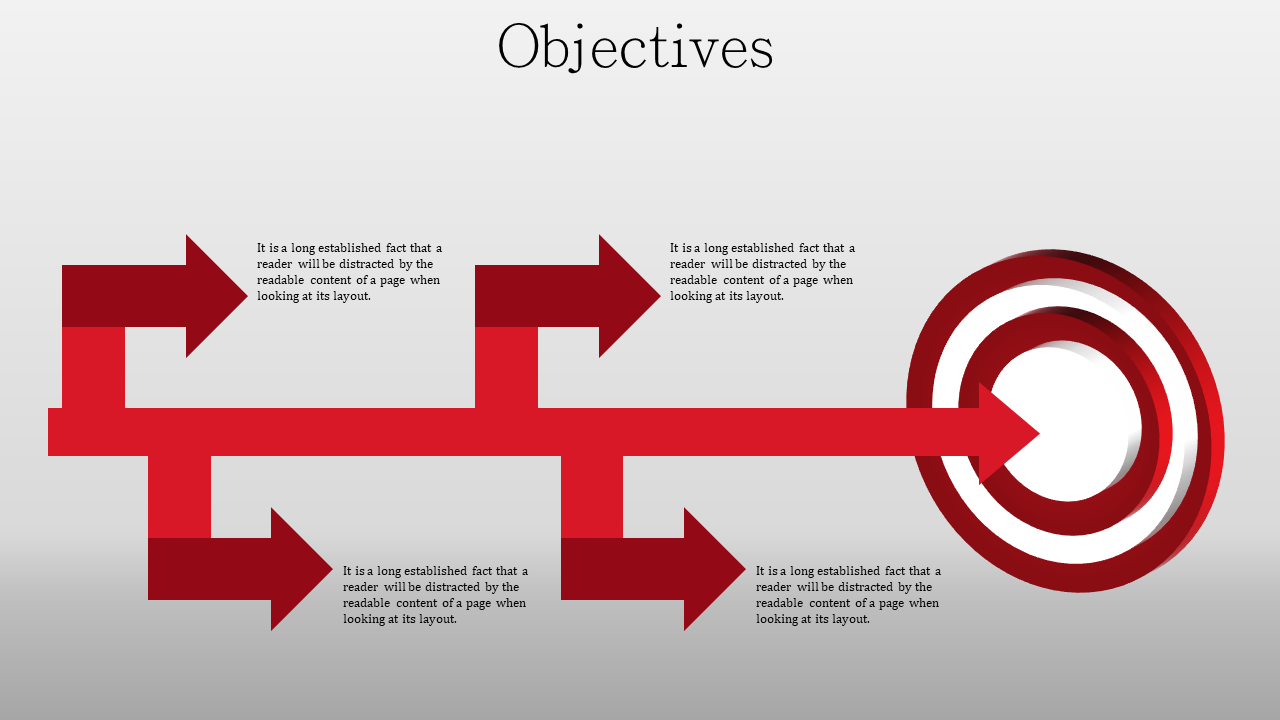 Red arrows leading to a target graphic on a gray background, representing objectives in a structured layout.