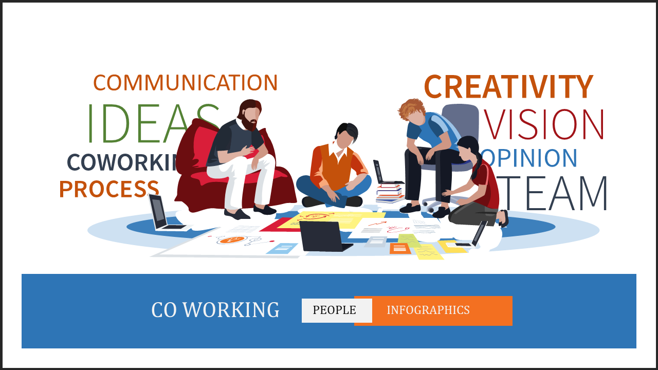 Business stratup coworking concept slide featuring a diverse team collaborating on the floor, surrounded by words.