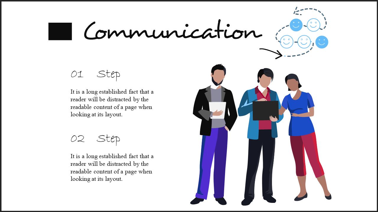 Illustration of three people with laptops and tablets under a communication heading, with two step descriptions on the left.