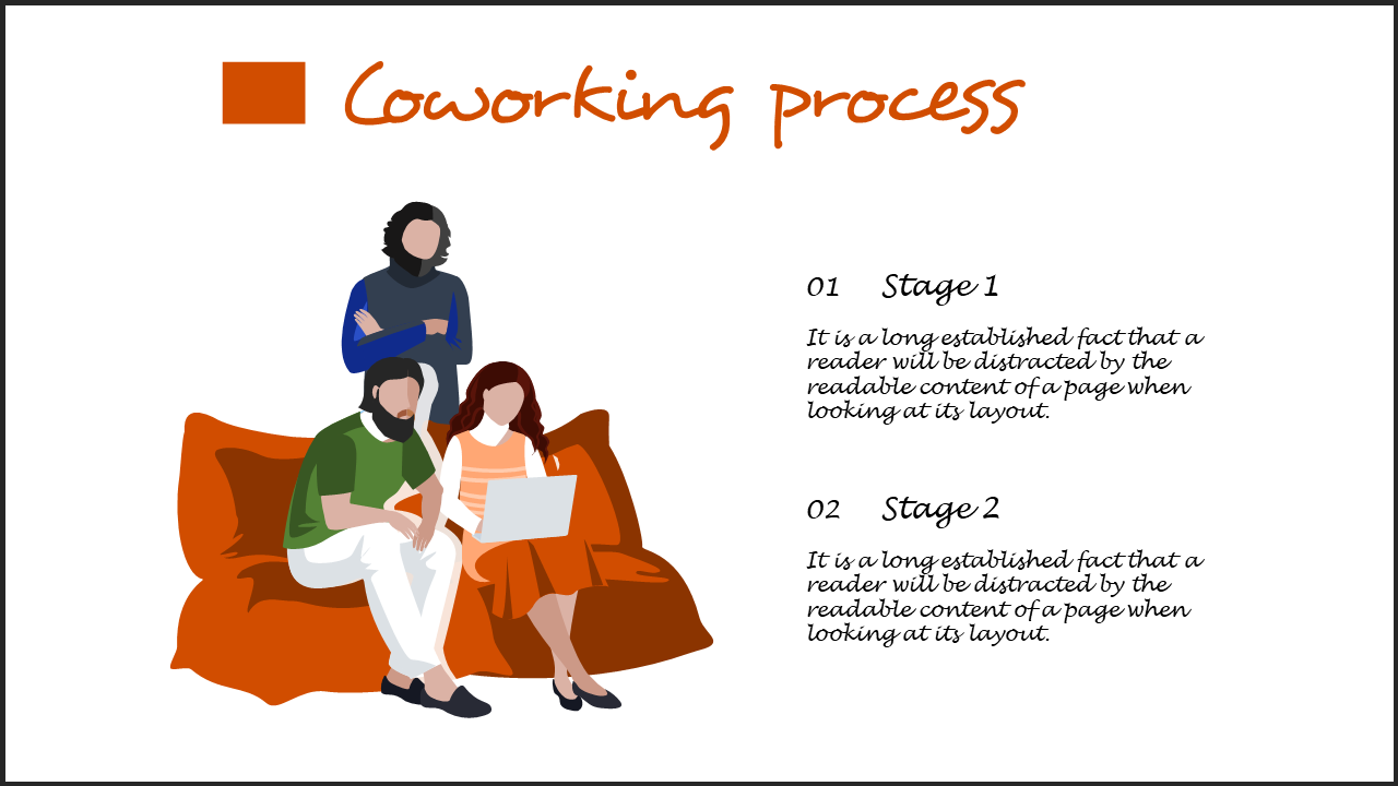 Illustration of three people collaborating, with two seated on an orange couch and one standing behind, with two captions.