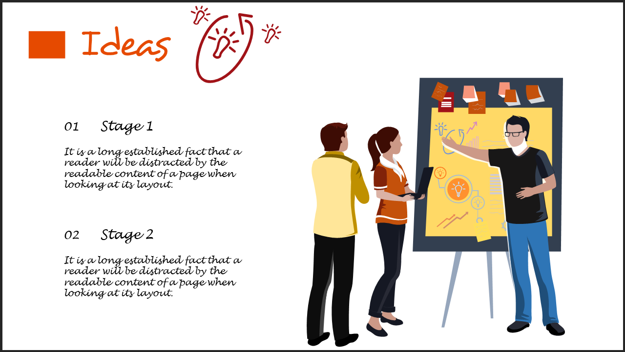 Slide with ideas header, two stage descriptions, and three people brainstorming in front of a yellow board on the right.