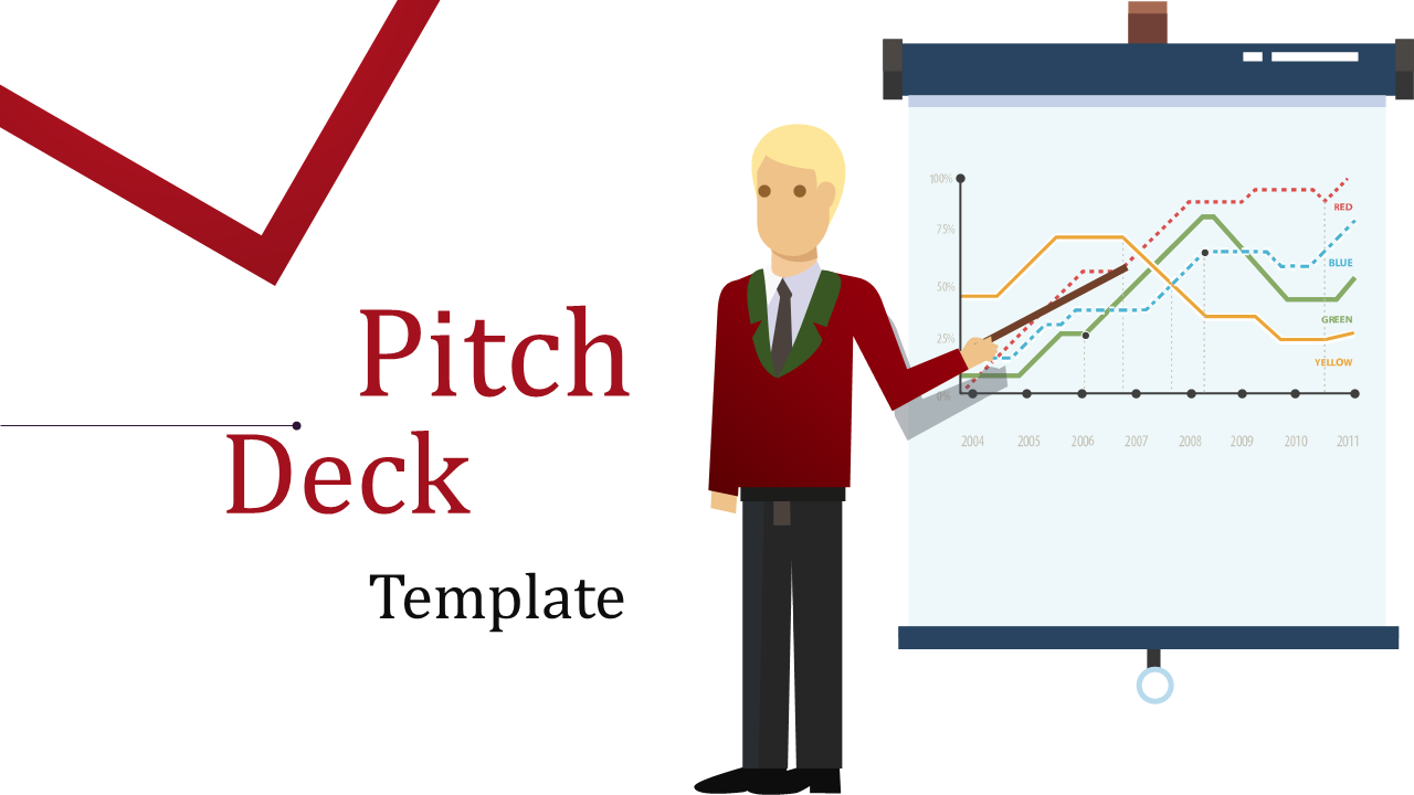 Pitch deck template with a character pointing at a graph displaying red, blue, green, and yellow trend lines.