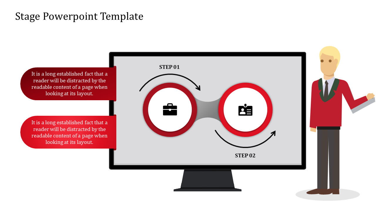 Stage PowerPoint template featuring a two step process with icons for each stage and captions on both sides.