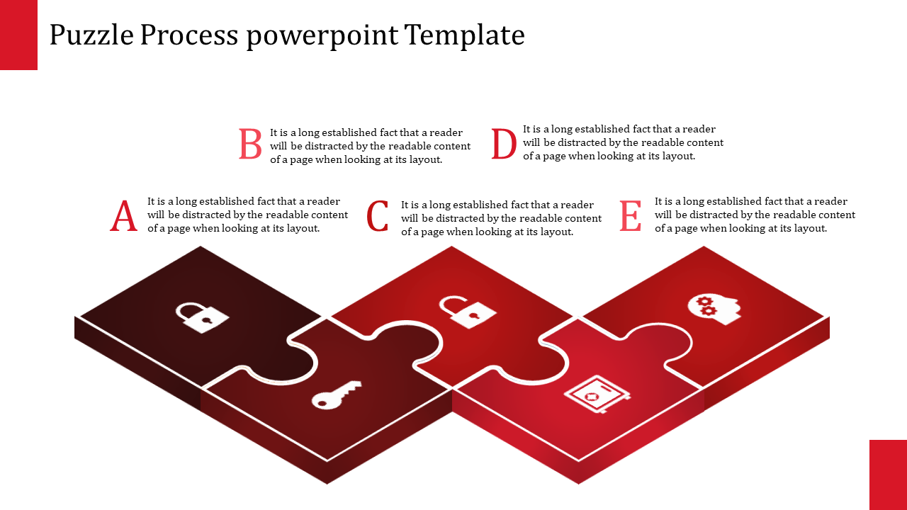 Five-step puzzle process illustration featuring red gradient puzzle pieces and icons, including a lock and brain.